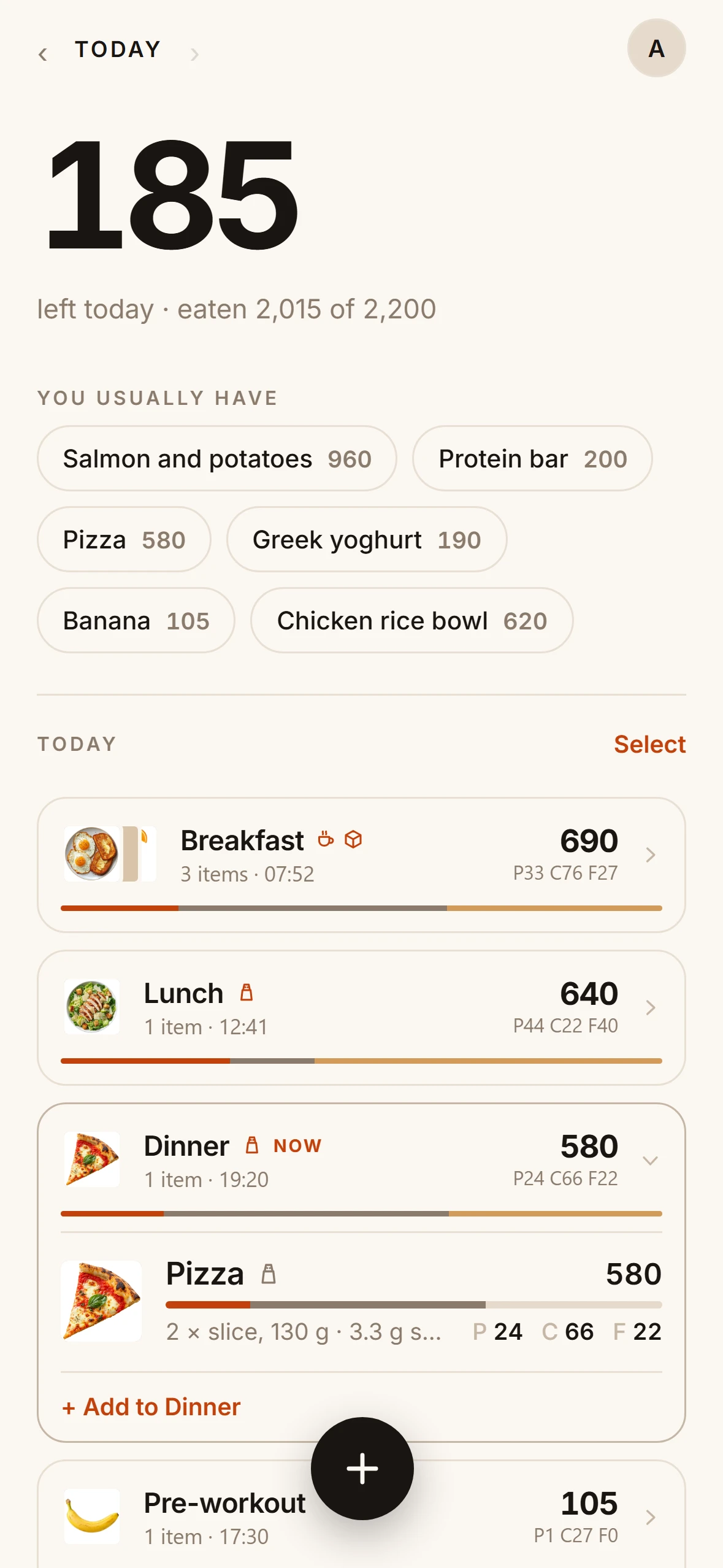 Bite's Home: 185 kcal left today, the foods you usually have, and the day's meals